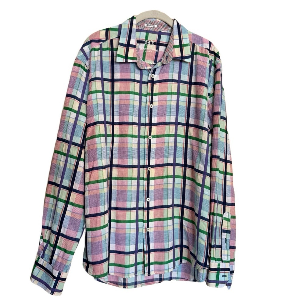 Linen Bugatchi Uomo Shirt Large Multi Color Plaid Shaped Fit Button Summer Beach